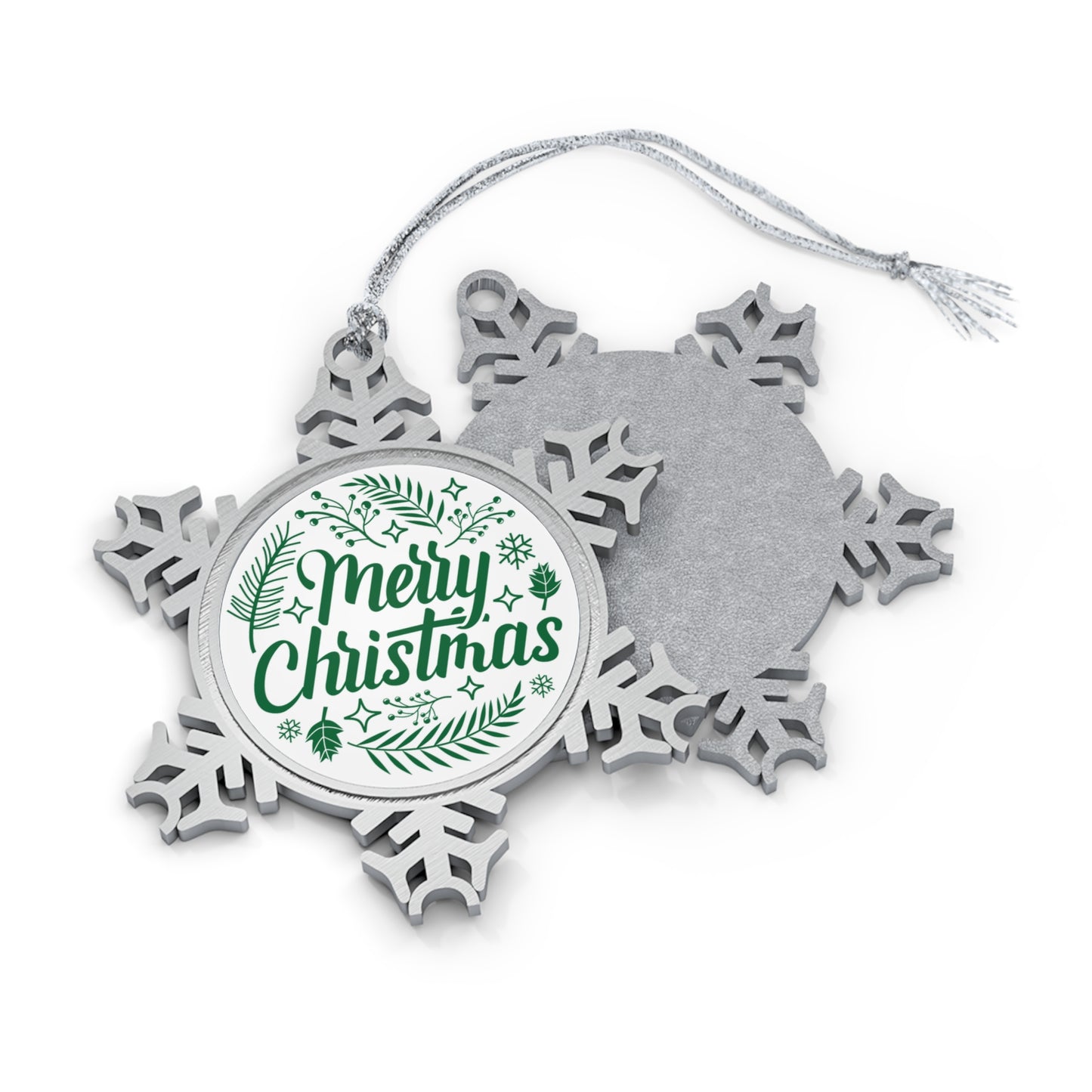 Merry Christmas Green Pewter Snowflake Ornament
