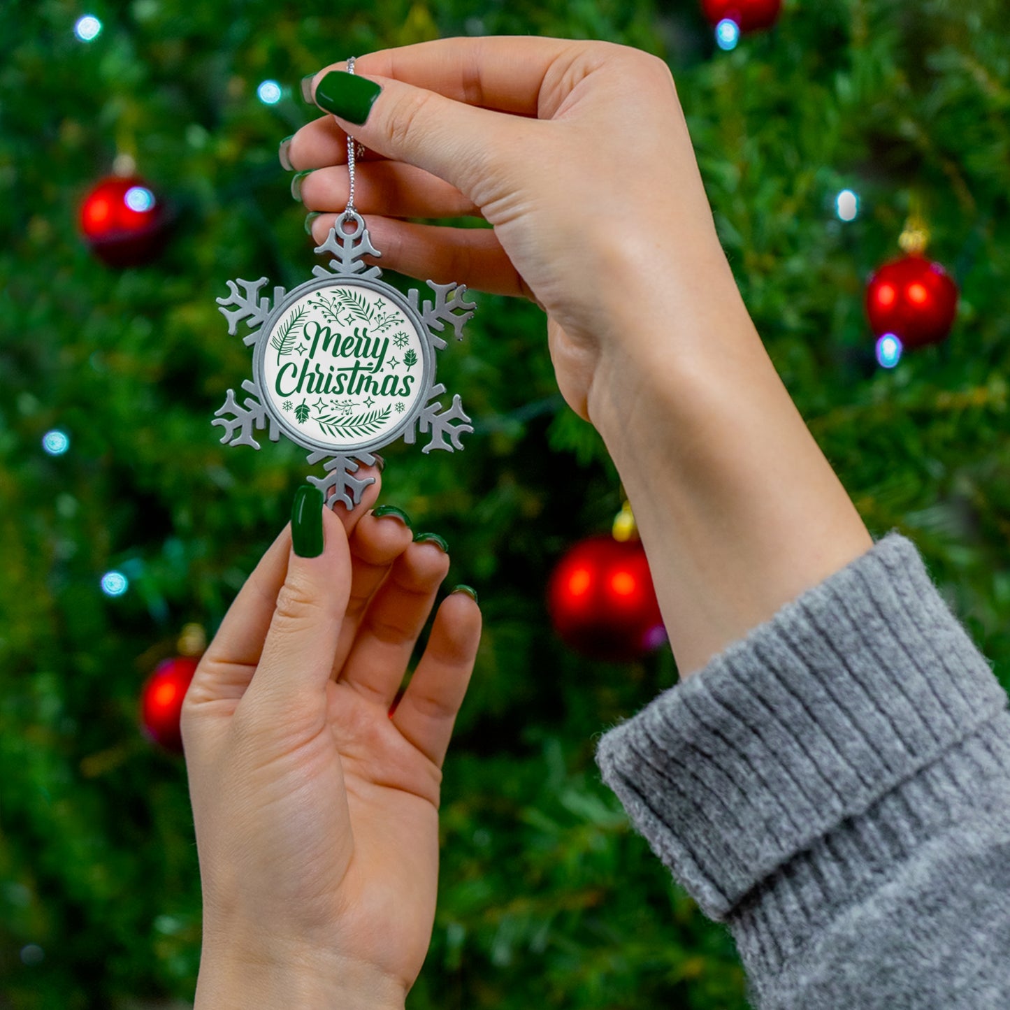 Merry Christmas Green Pewter Snowflake Ornament