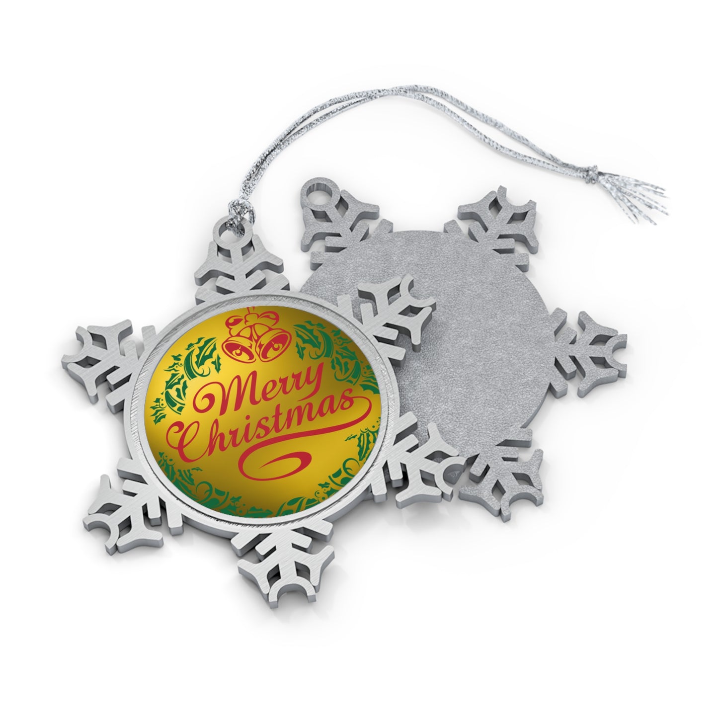 Merry Christmas Green and Gold Pewter Snowflake Ornament