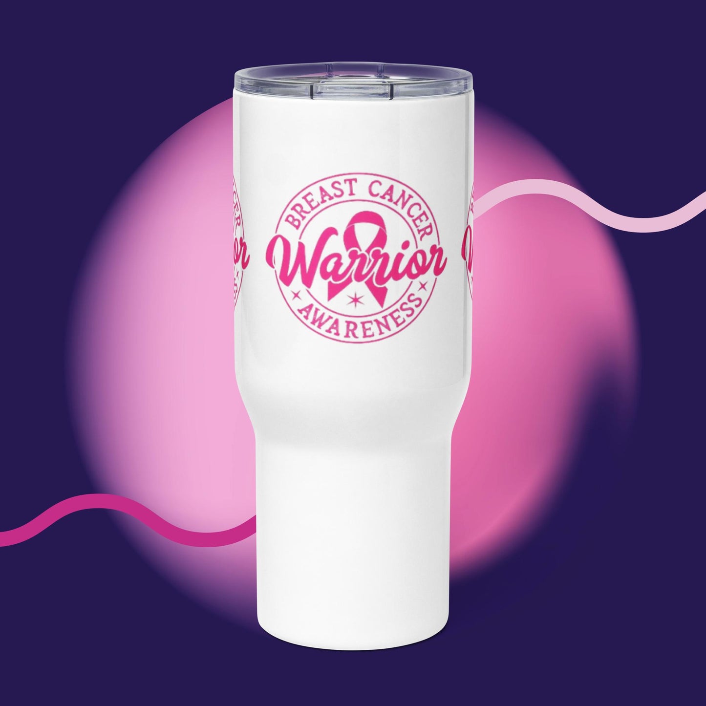 Breast Cancer Warrior Awareness Travel mug with a handle. Rated