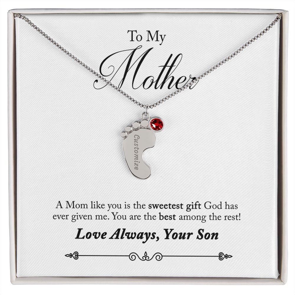 To My Mother Engraved Custom Baby Feet Necklace with Birthstone.