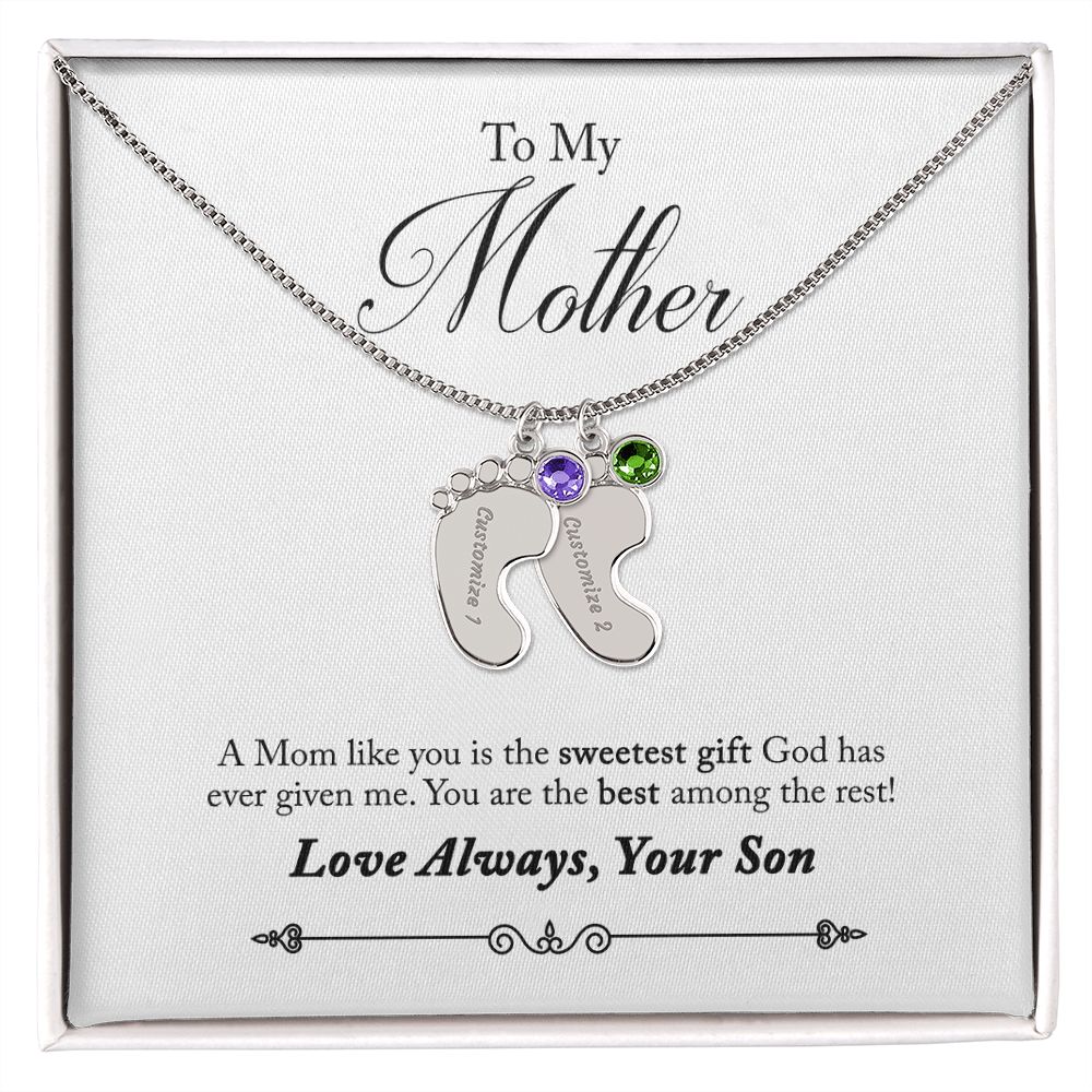 To My Mother Engraved Custom Baby Feet Necklace with Birthstone.