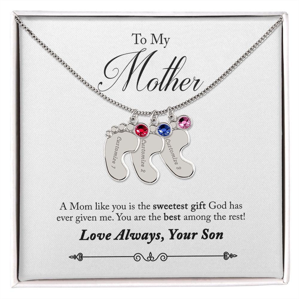 To My Mother Engraved Custom Baby Feet Necklace with Birthstone.
