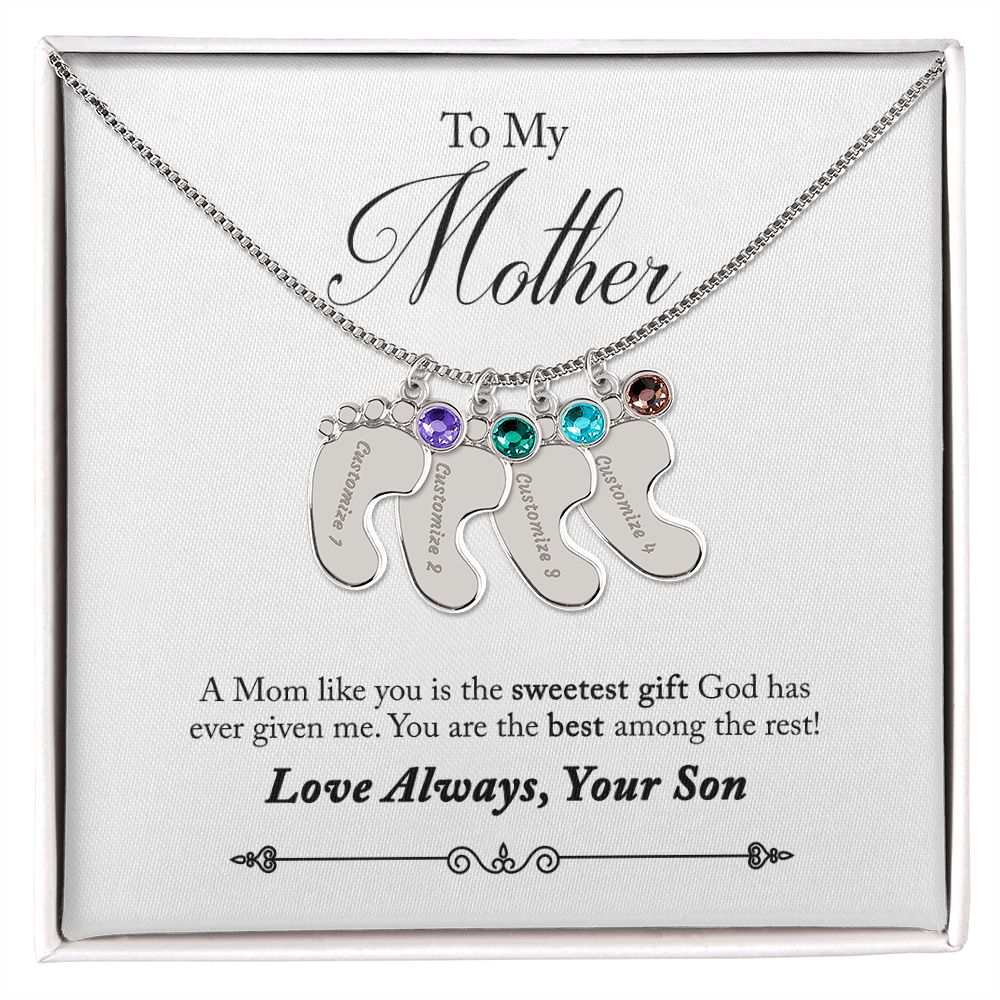 To My Mother Engraved Custom Baby Feet Necklace with Birthstone.