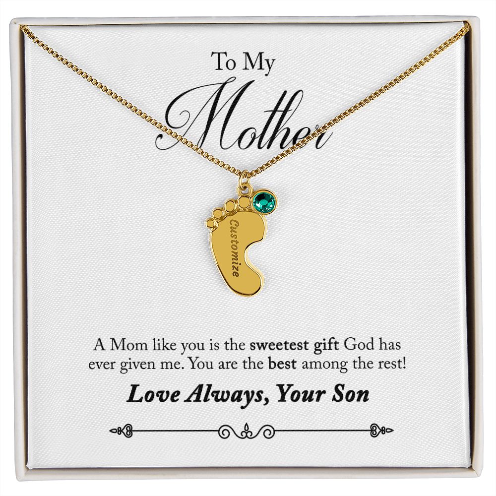 To My Mother Engraved Custom Baby Feet Necklace with Birthstone.