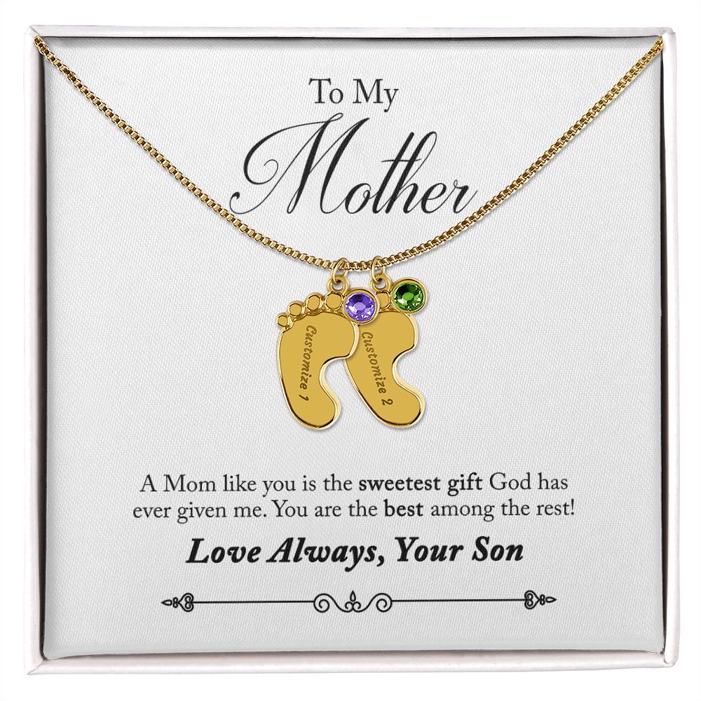 To My Mother Engraved Custom Baby Feet Necklace with Birthstone.