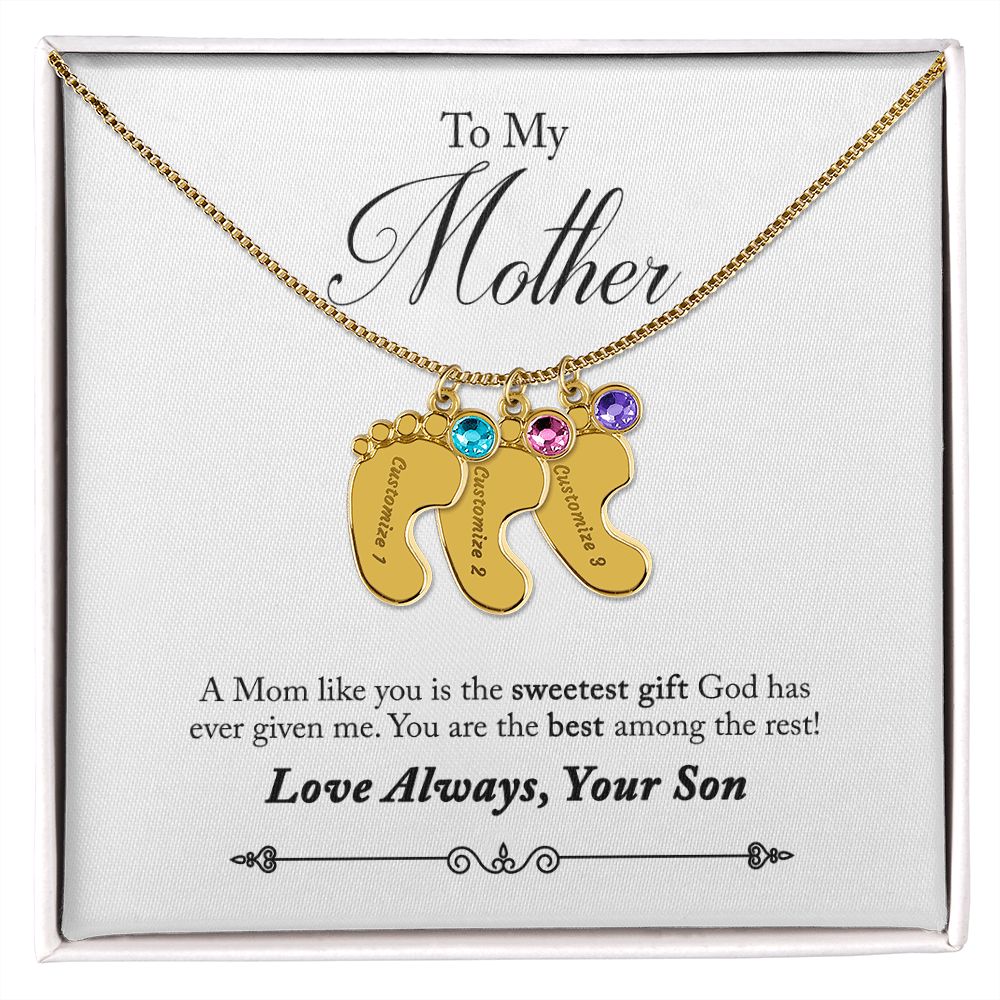 To My Mother Engraved Custom Baby Feet Necklace with Birthstone.