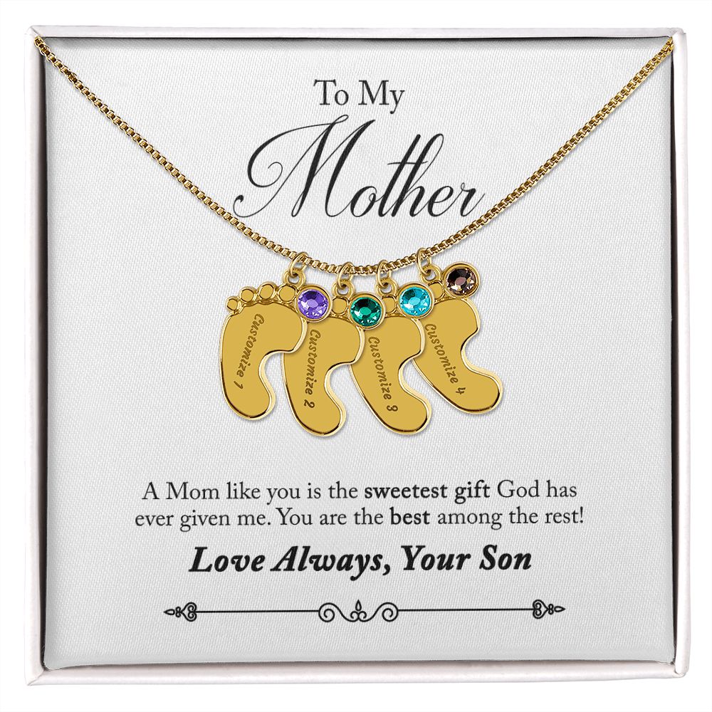 To My Mother Engraved Custom Baby Feet Necklace with Birthstone.
