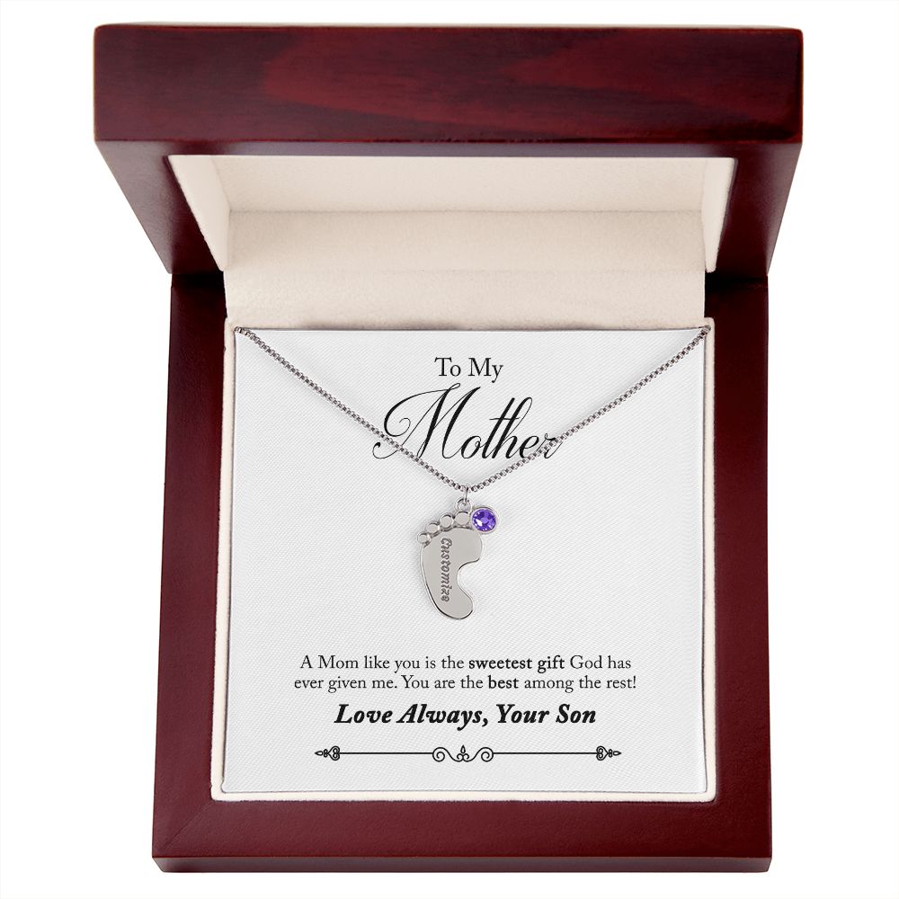 To My Mother Engraved Custom Baby Feet Necklace with Birthstone.