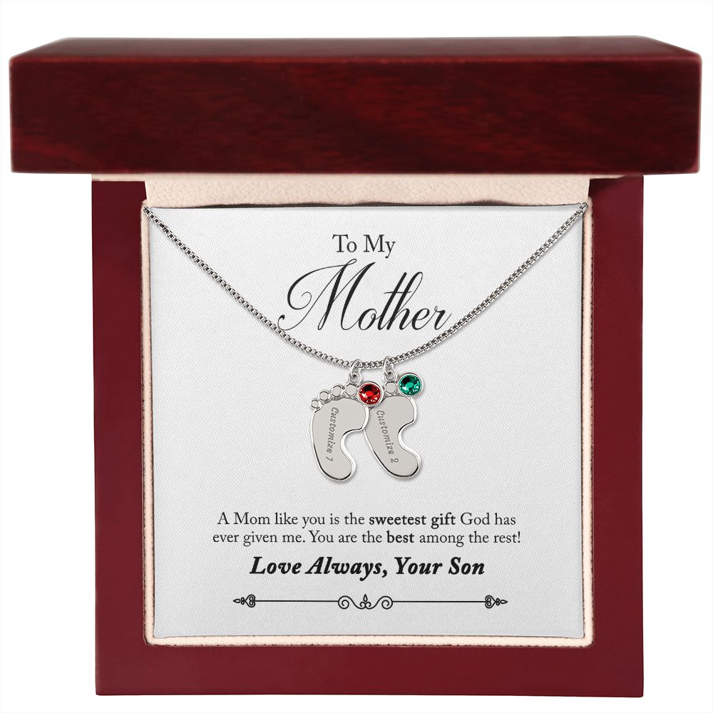 To My Mother Engraved Custom Baby Feet Necklace with Birthstone.