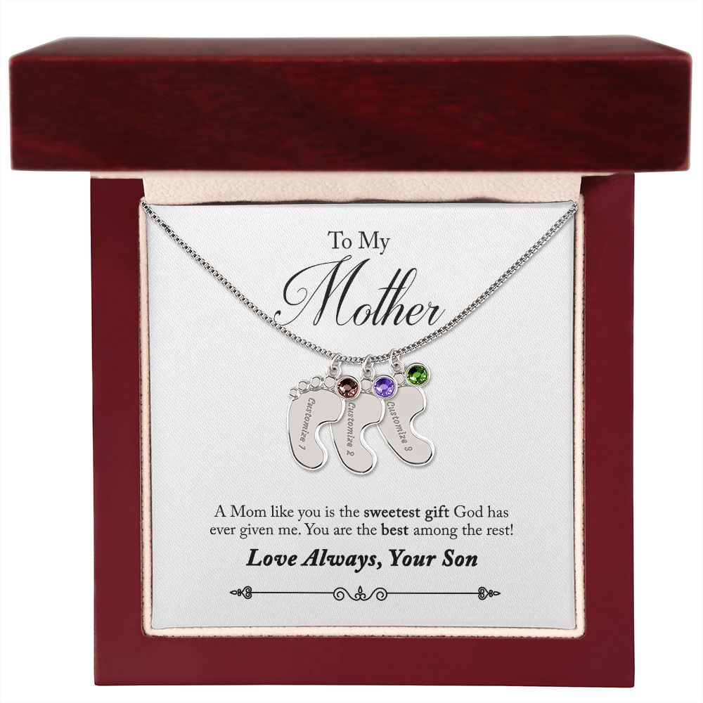 To My Mother Engraved Custom Baby Feet Necklace with Birthstone.
