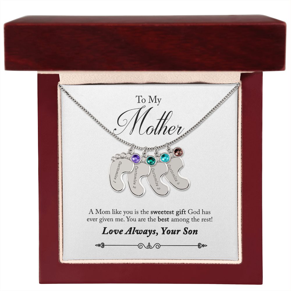 To My Mother Engraved Custom Baby Feet Necklace with Birthstone.