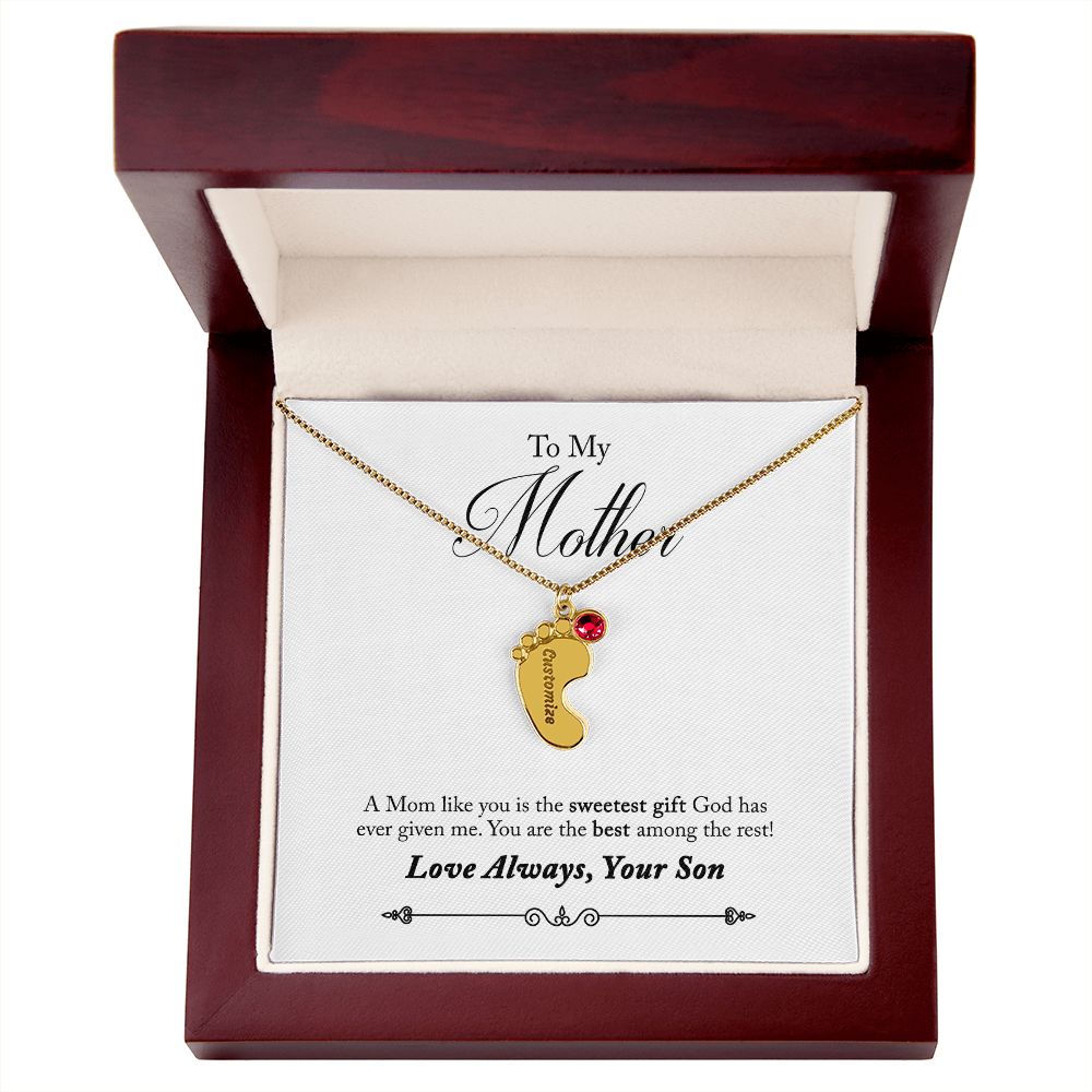 To My Mother Engraved Custom Baby Feet Necklace with Birthstone.