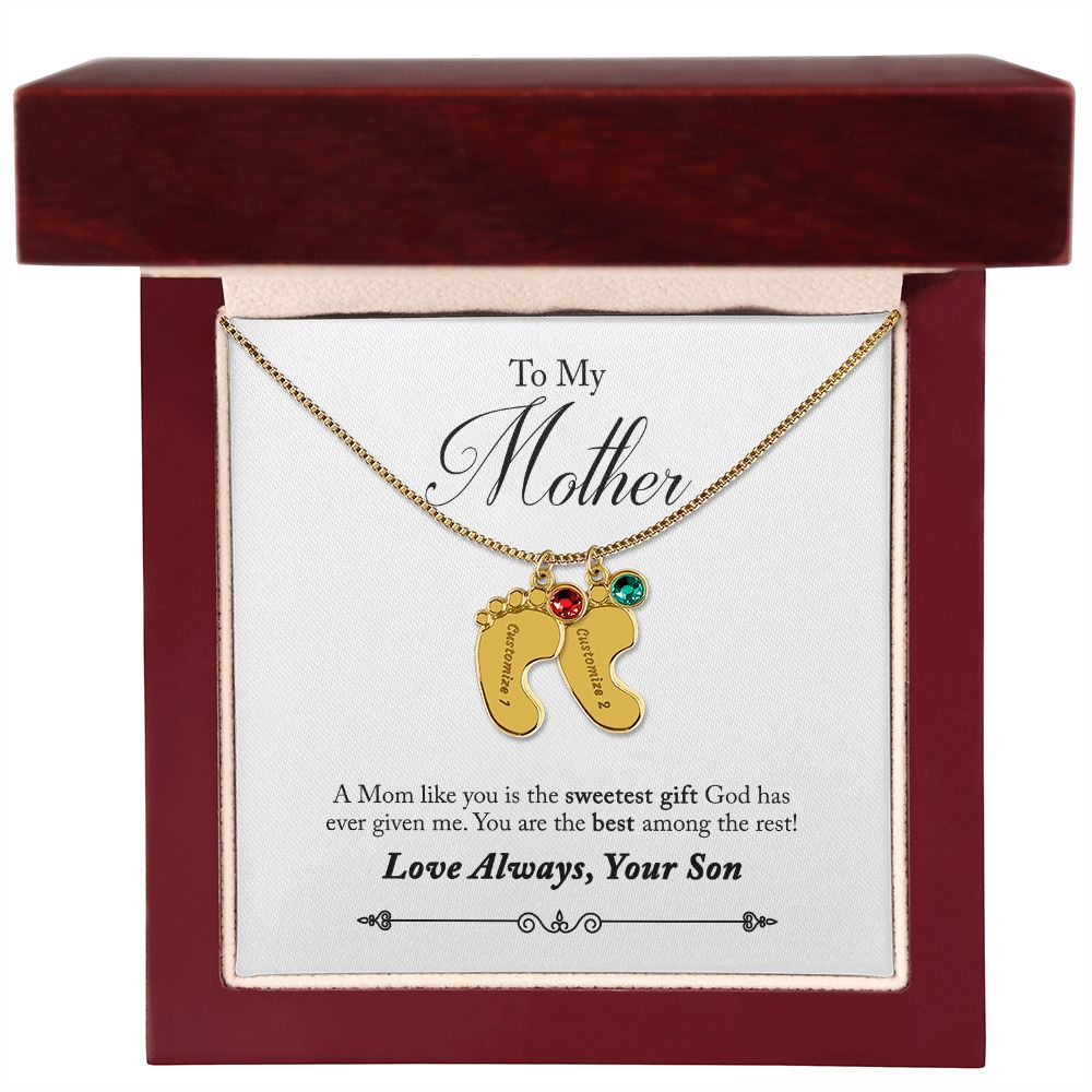 To My Mother Engraved Custom Baby Feet Necklace with Birthstone.