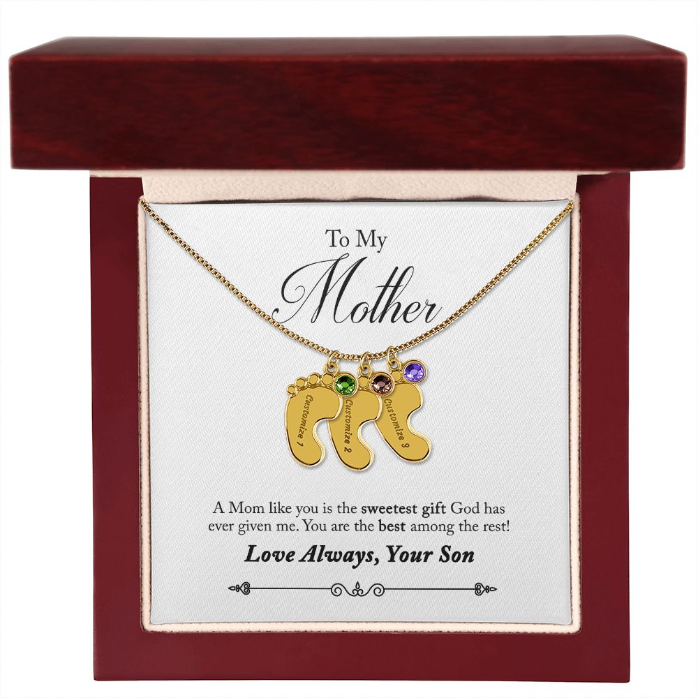 To My Mother Engraved Custom Baby Feet Necklace with Birthstone.
