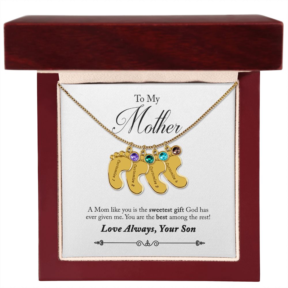 To My Mother Engraved Custom Baby Feet Necklace with Birthstone.