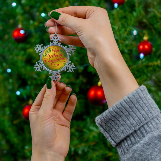 Merry Christmas Green and Gold Pewter Snowflake Ornament