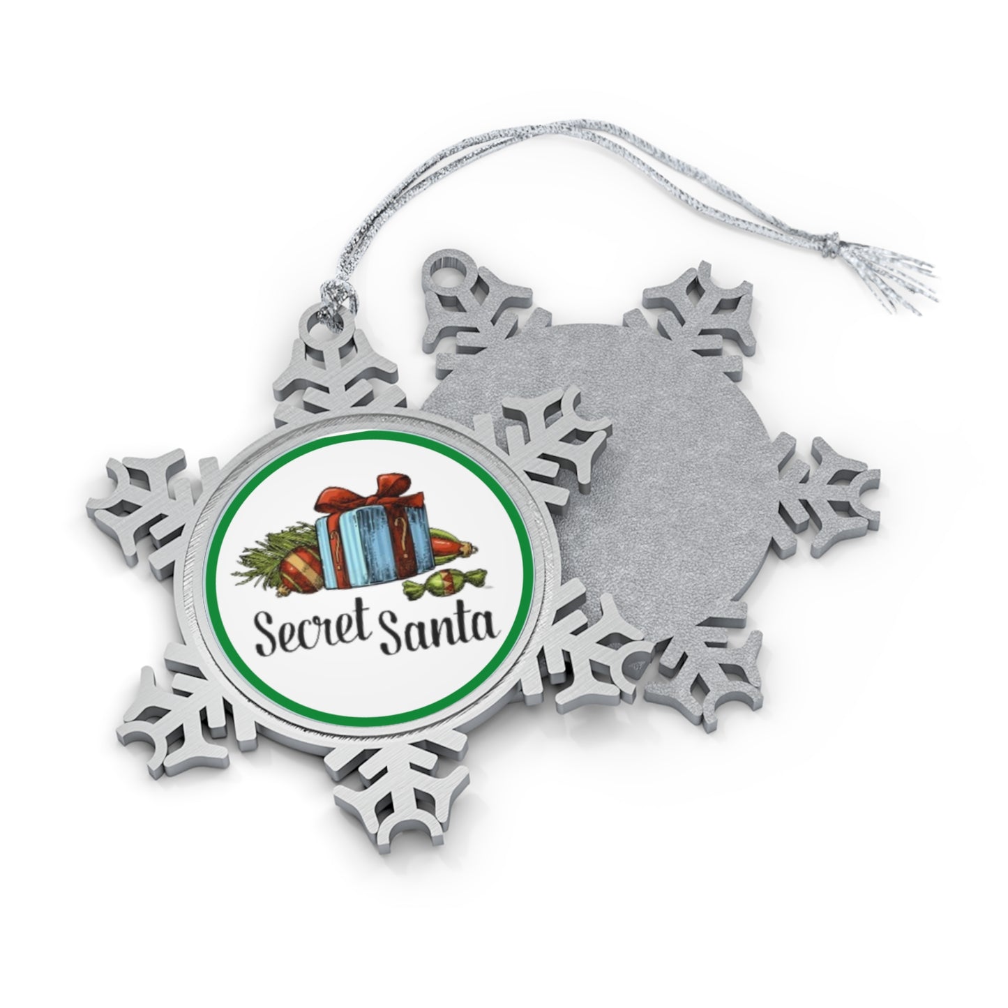 Secret Santa Green Pewter Snowflake Ornament