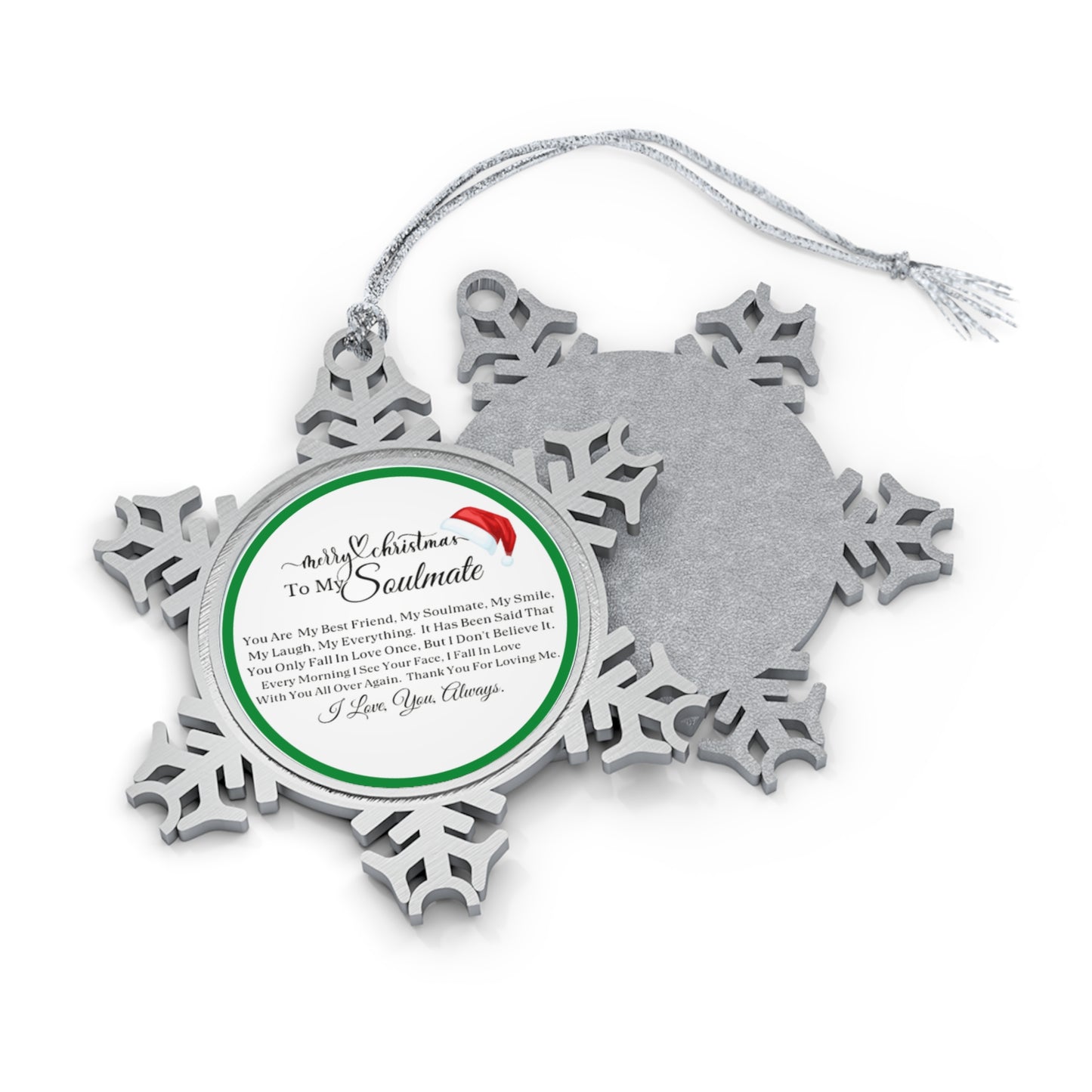 Merry Christmas Soulmate Green Pewter Snowflake Ornament