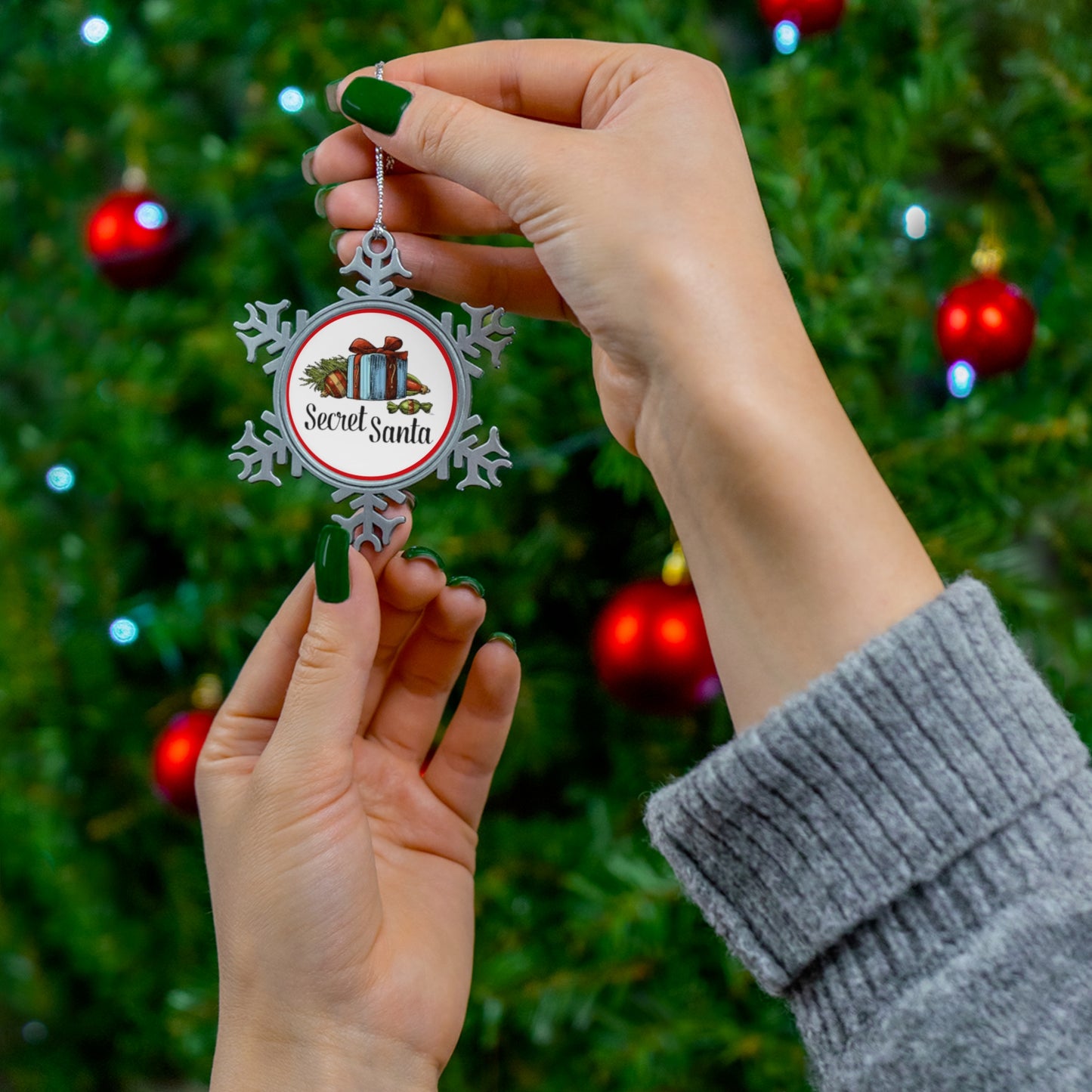 Secret Santa Apple Red Pewter Snowflake Ornament