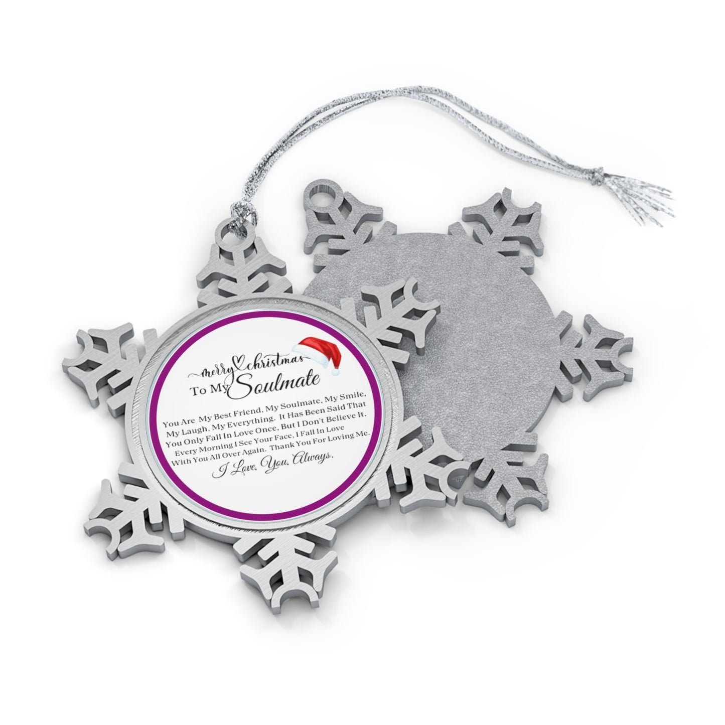 Merry Christmas Soulmate Plum Pewter Snowflake Ornament