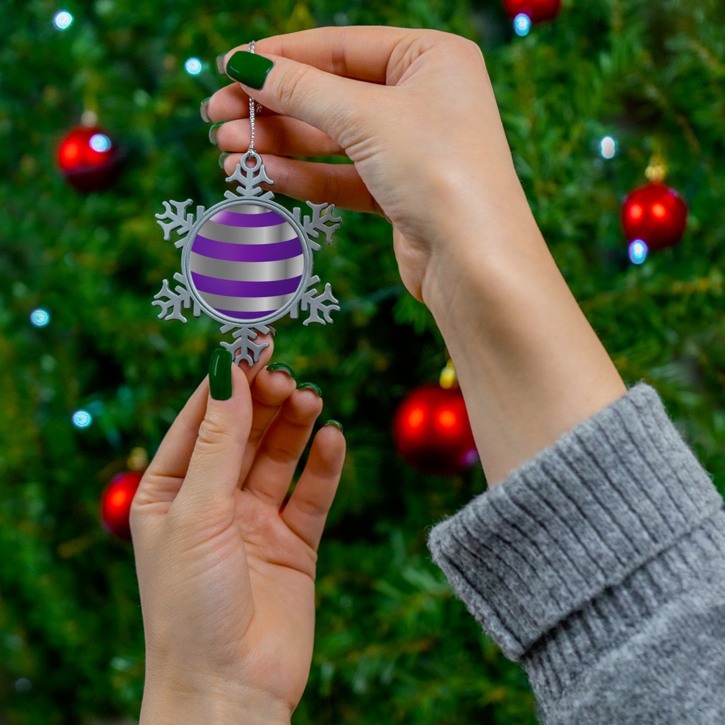 Purple Stripes Pewter Snowflake Ornament