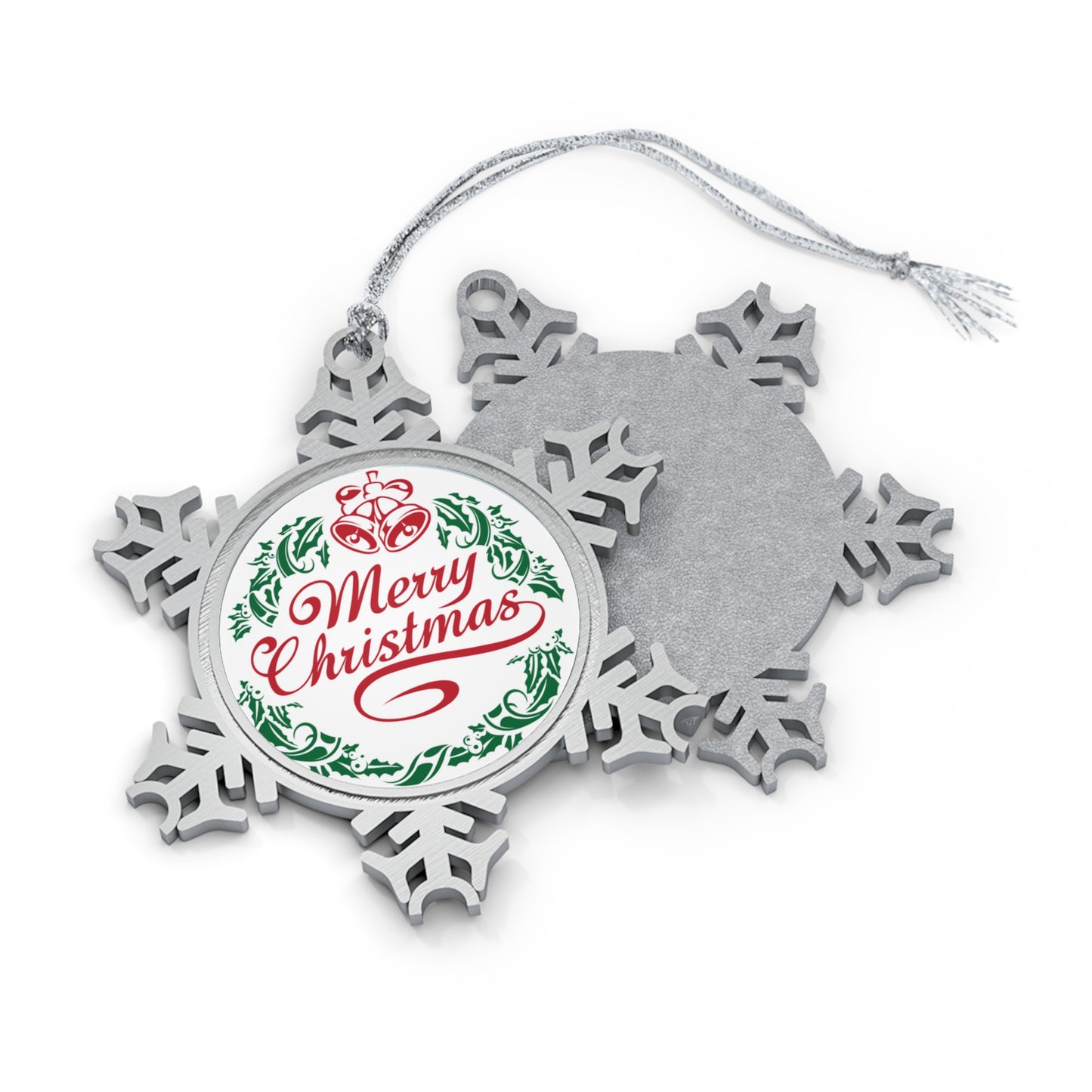 Merry Christmas Natural Pewter Snowflake Ornament