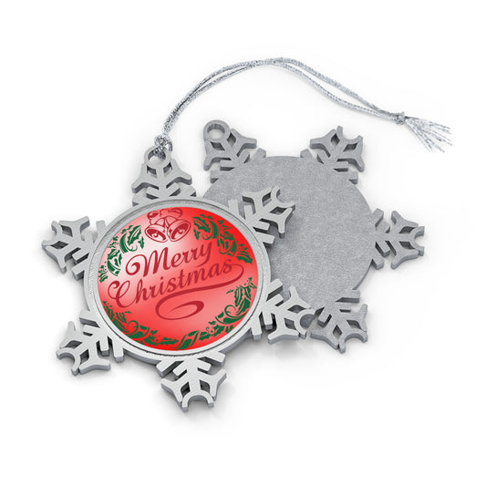 Merry Christmas Lite Red Pewter Snowflake Ornament