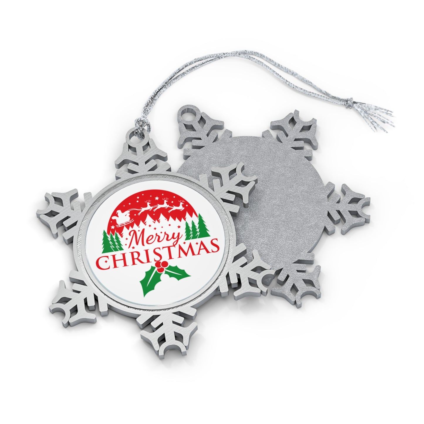 Merry Christmas Mistletoe Pewter Snowflake Ornament