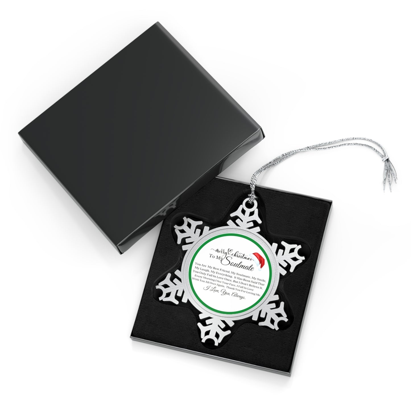 Merry Christmas Soulmate Green Pewter Snowflake Ornament