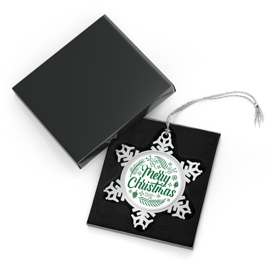 Merry Christmas Green Pewter Snowflake Ornament