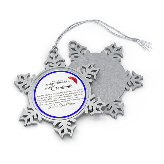 Merry Christmas Soulmate Blue Pewter Snowflake Ornament