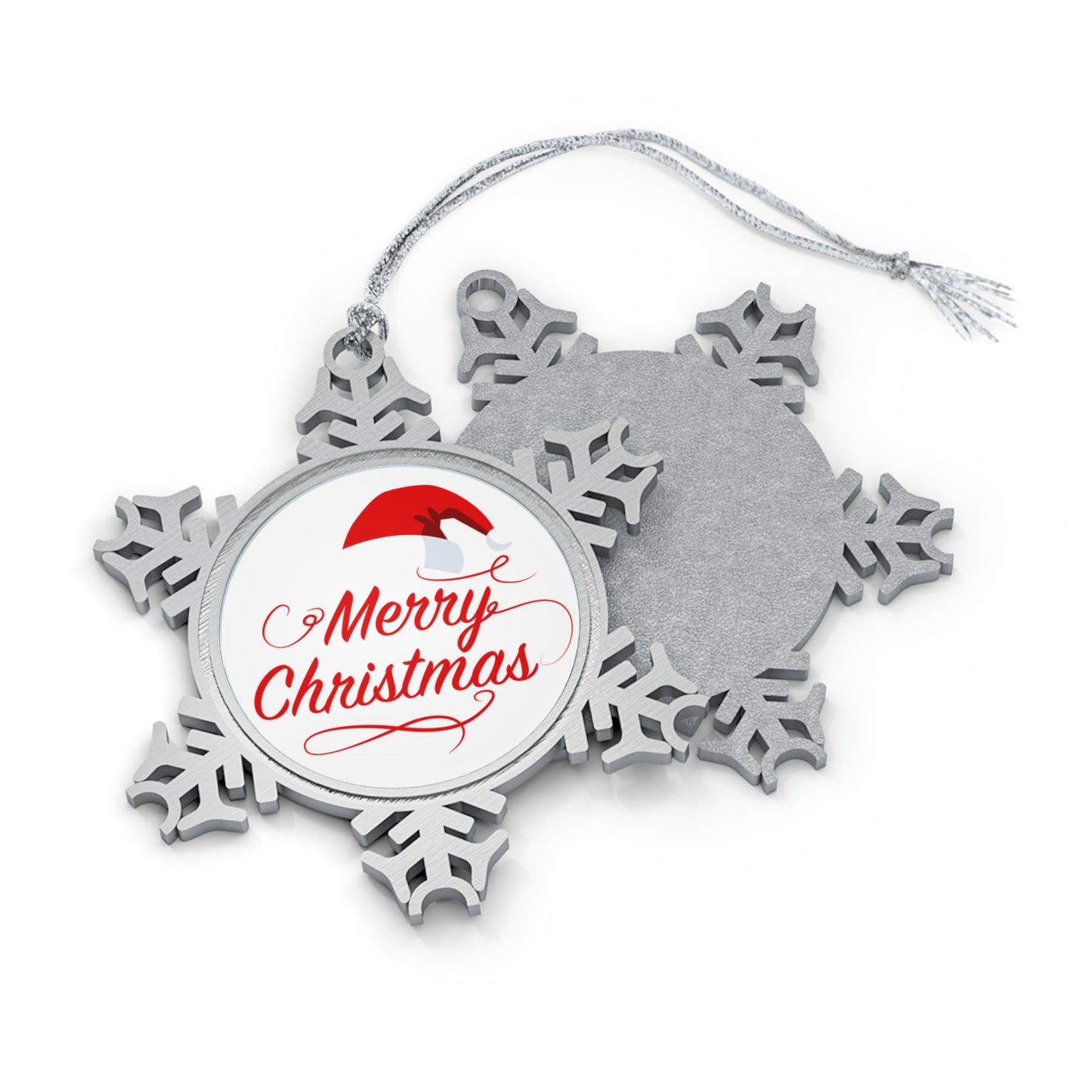 Merry Christmas Santa Hat Pewter Snowflake Ornament