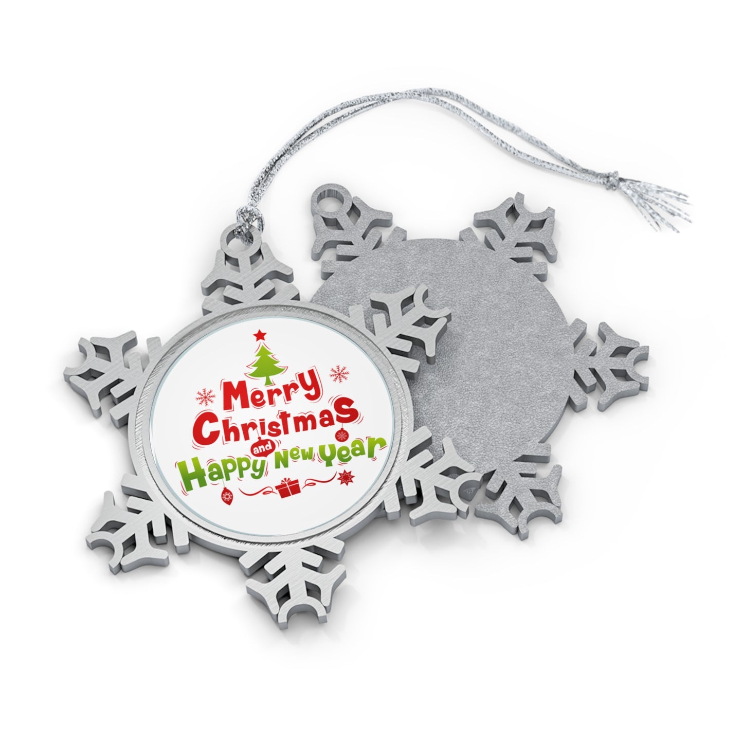 Merry Xmas & Happy New Year Pewter Snowflake Ornament