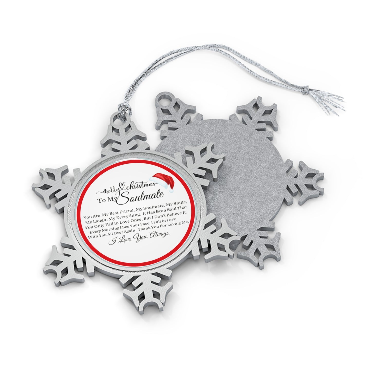 Merry Christmas Soulmate Red Pewter Snowflake Ornament