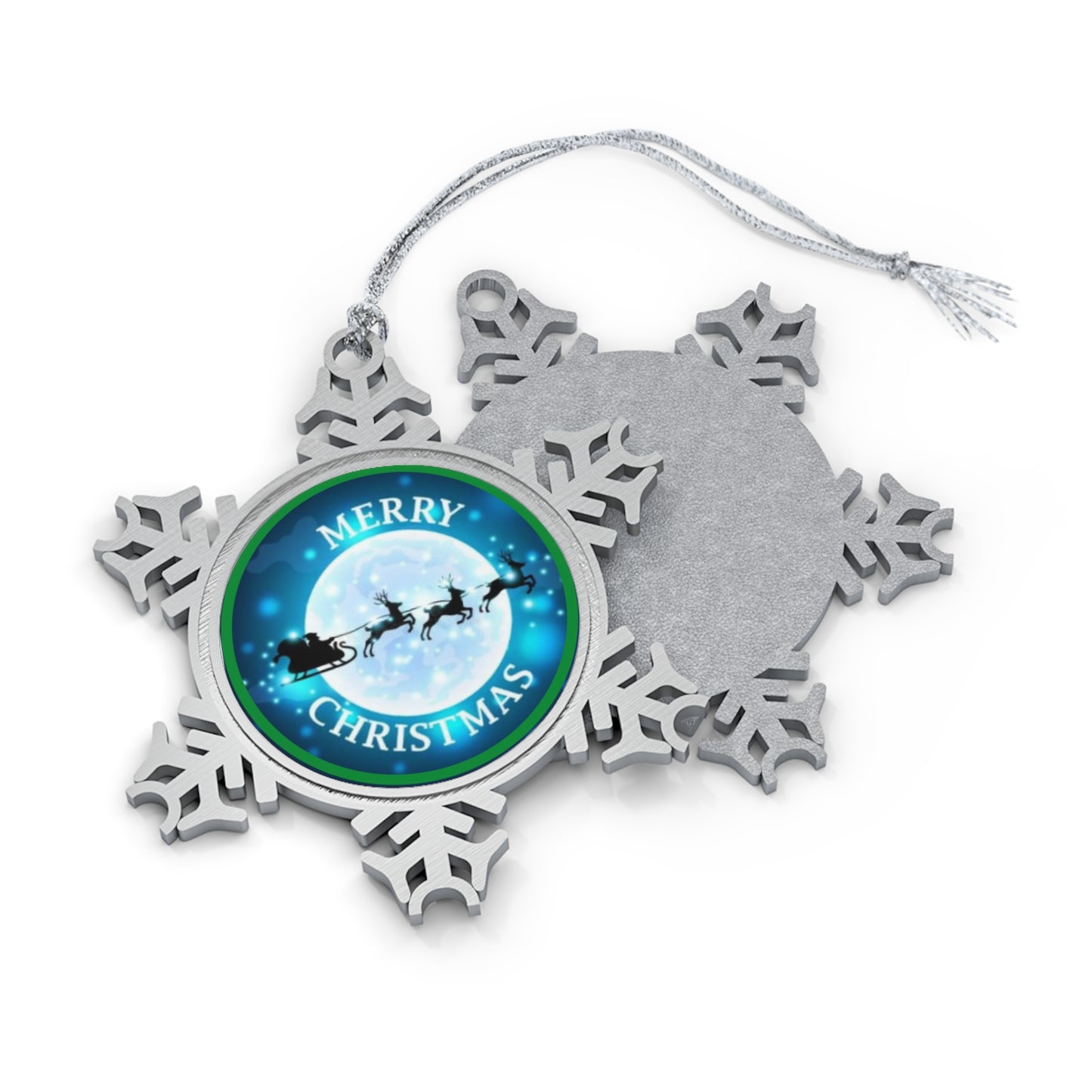 Santa's Sleigh Dark Green Pewter Snowflake Ornament