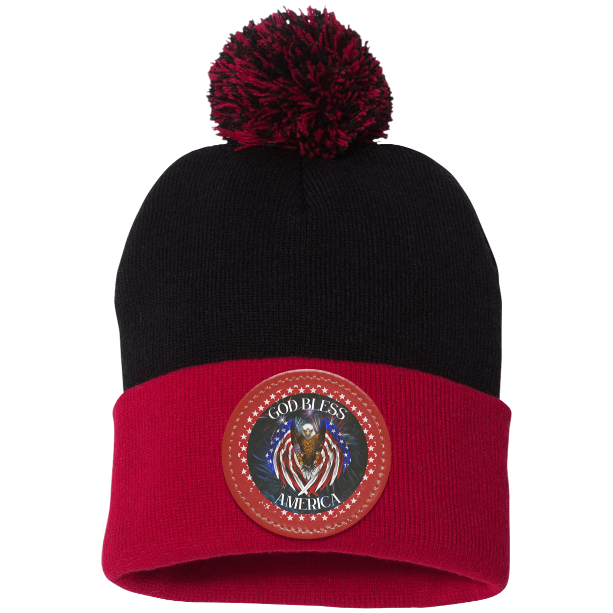 God Bless America (2) Pom Pom Knit Cap - Patch