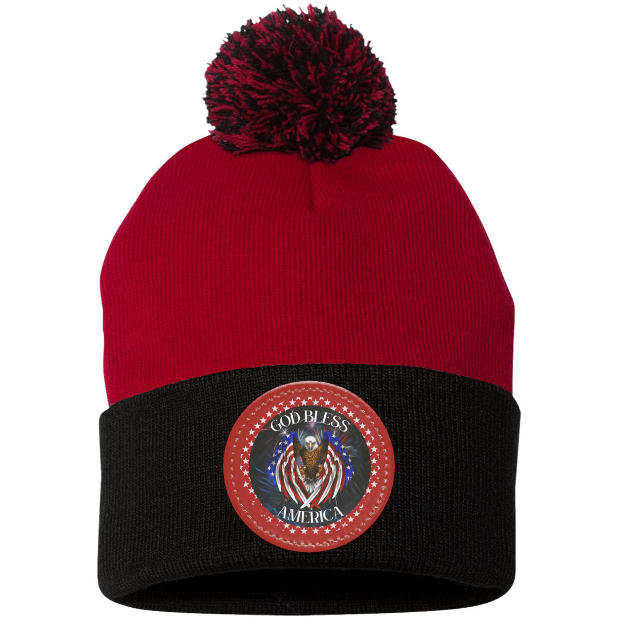 God Bless America (2) Pom Pom Knit Cap - Patch