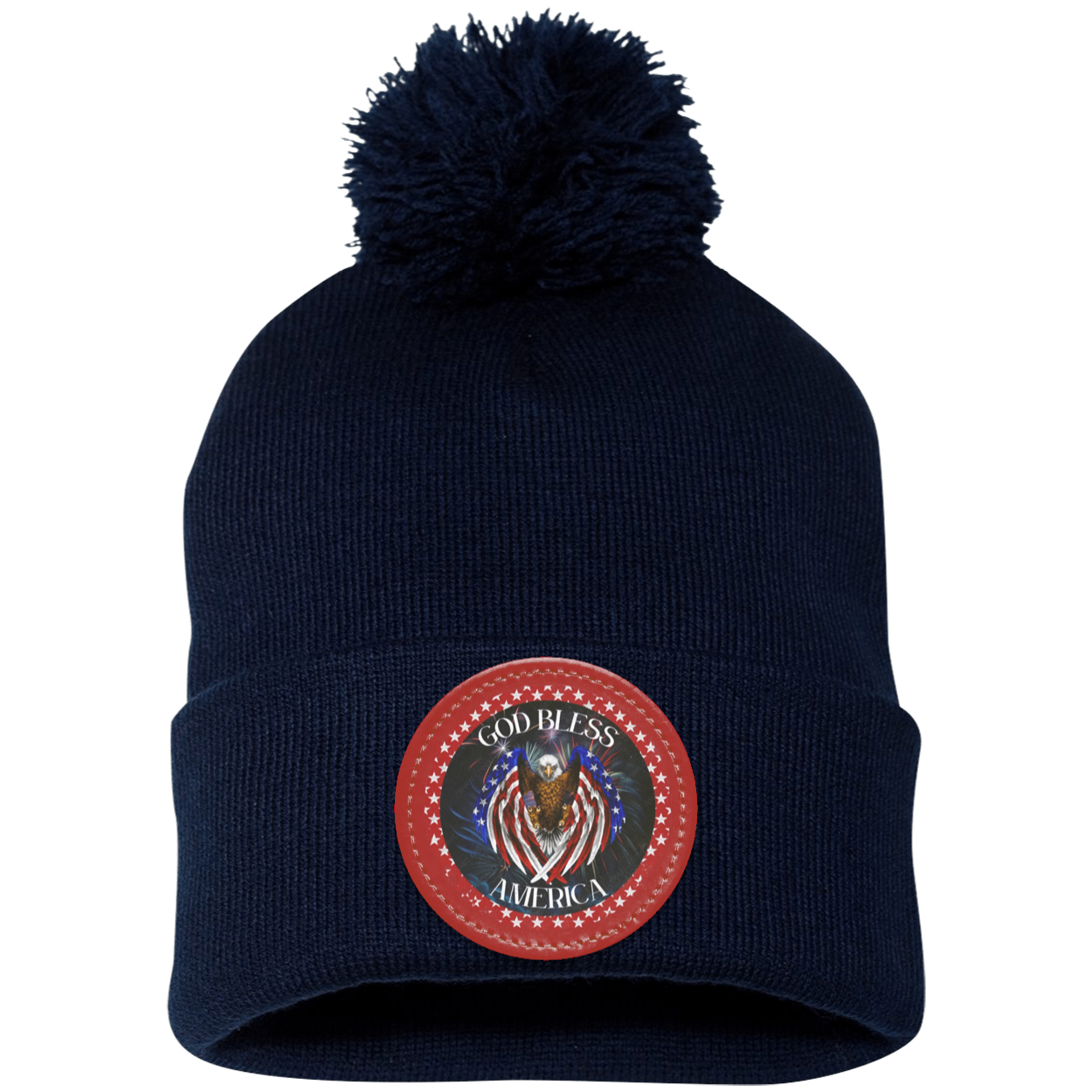 God Bless America (2) Pom Pom Knit Cap - Patch