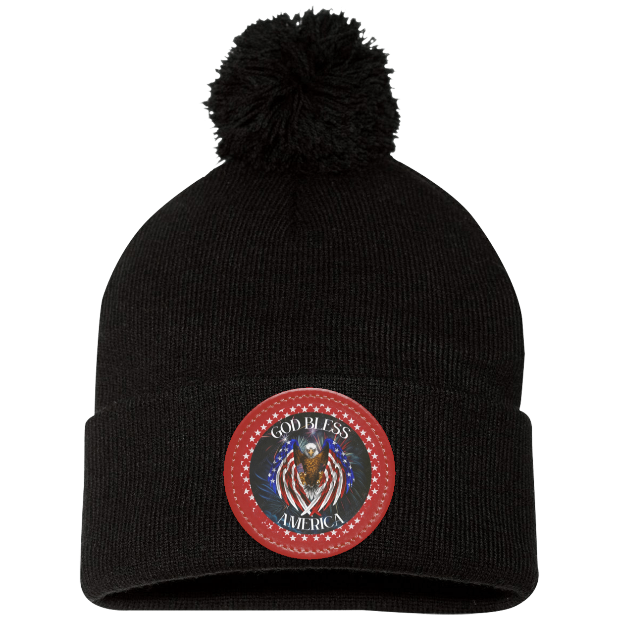 God Bless America (2) Pom Pom Knit Cap - Patch