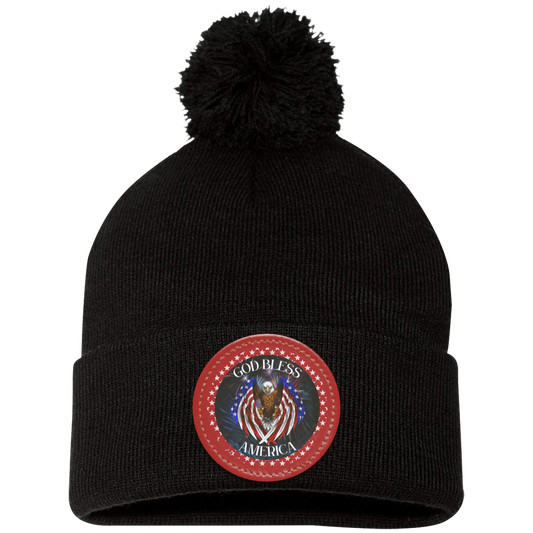 God Bless America (2) Pom Pom Knit Cap - Patch