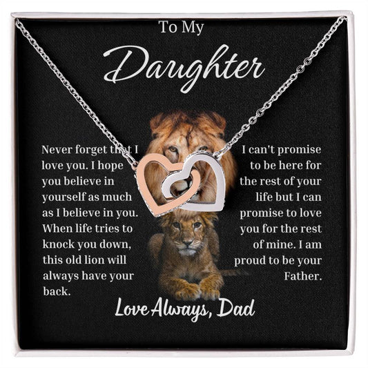 Interlocking Hearts Necklace beautifully symbolizes the unbreakable bond between a father lion and his cub.