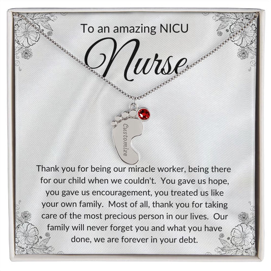 NICU Nurse Thank You Gift Custom Baby Feet Necklace with Birthstone.