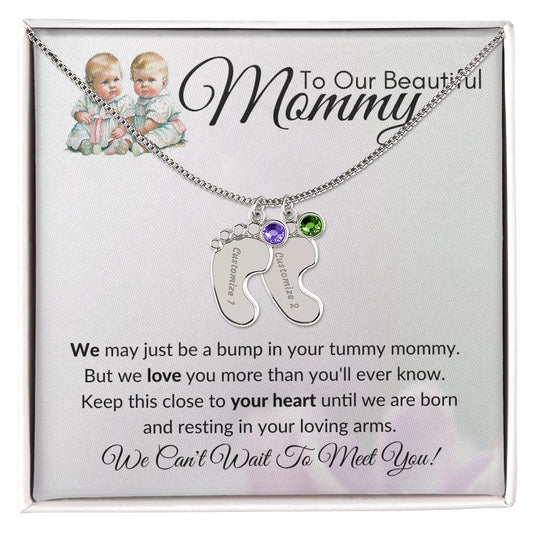 To Our Beautiful Mommy- (Twins) Custom Baby Feet Necklace with Birthstone