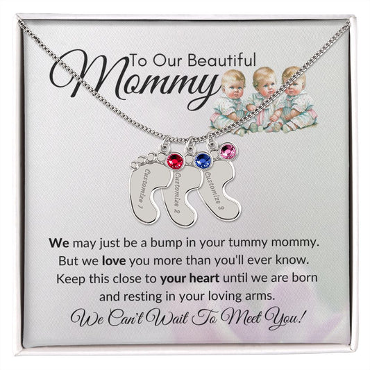 To Our Beautiful Mommy- (Triplets) Custom Baby Feet Necklace with Birthstone