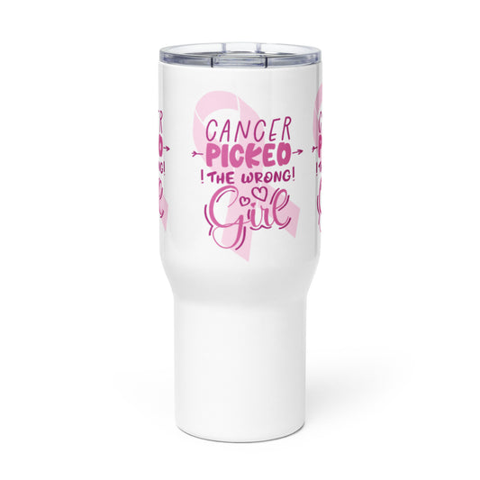 Cancer Picked the Wrong Girl Travel mug with a handle.  Rating ⭐⭐⭐⭐⭐