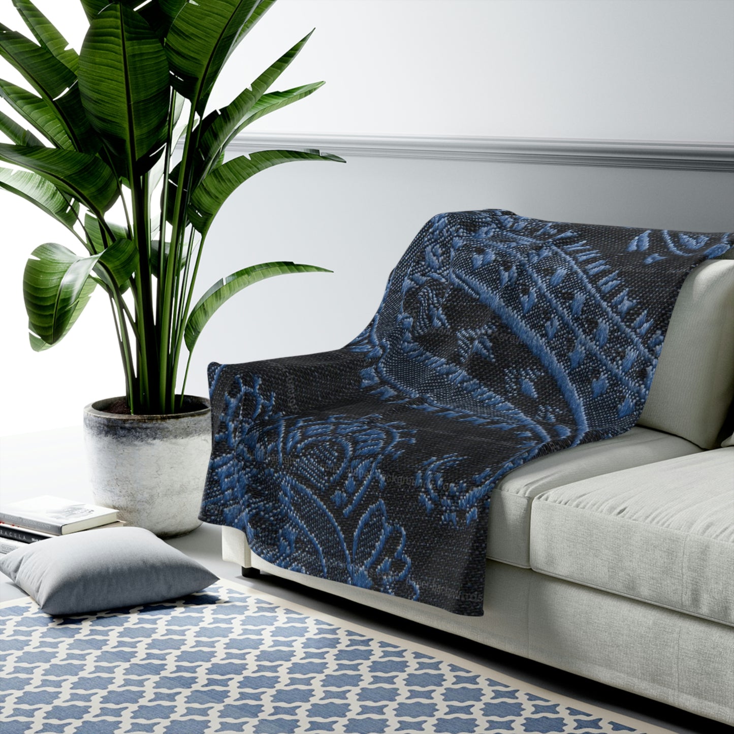 Paisley Blue Velveteen Plush Blanket