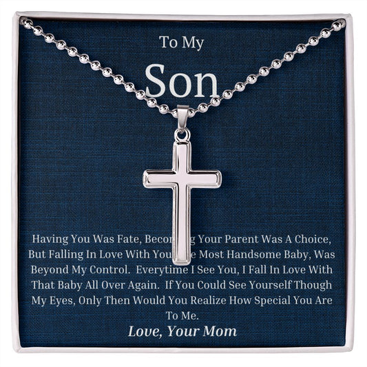 To My Son Stainless Cross Necklace w/Ball Chain & MC Love Mom