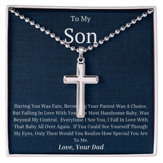 To My Son Stainless Cross Necklace w/Ball Chain & MC Love Dad