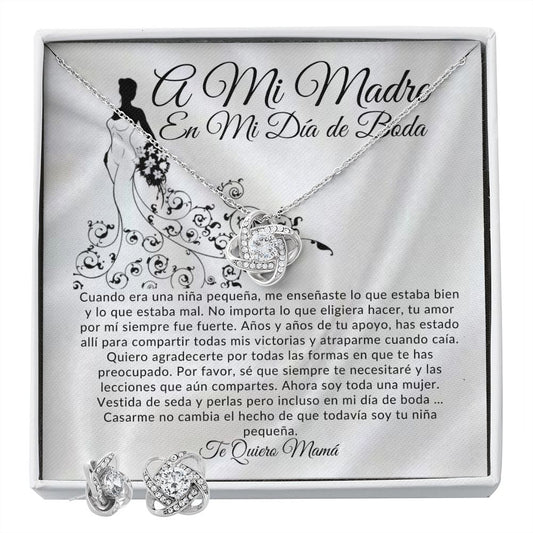 To My Mother on my Wedding Day Love Knot Necklace and Earring Set (Spanish)